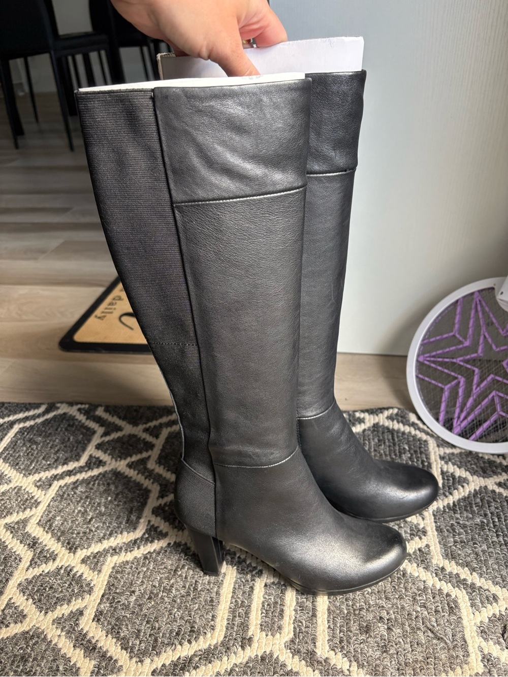 Classic Black Tall Leather Heeled Boots - Women